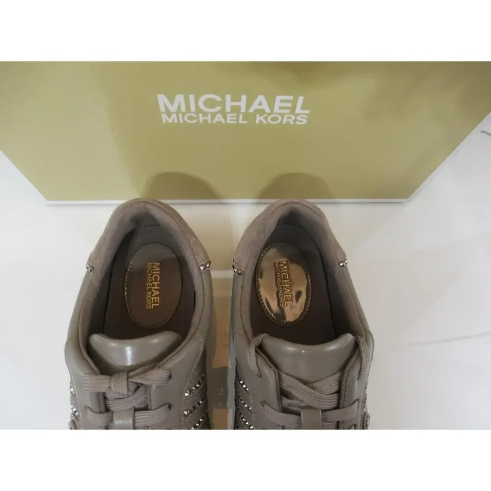 Michael Kors Scotty Lace Up Sneakers Rhinestone MK Leather Birch Brown